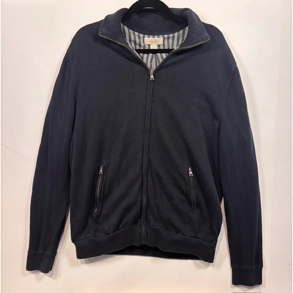 Banana Republic Mens  Black Full‎ Zip Mock Neck Sweater Jacket Ribbed Knit L